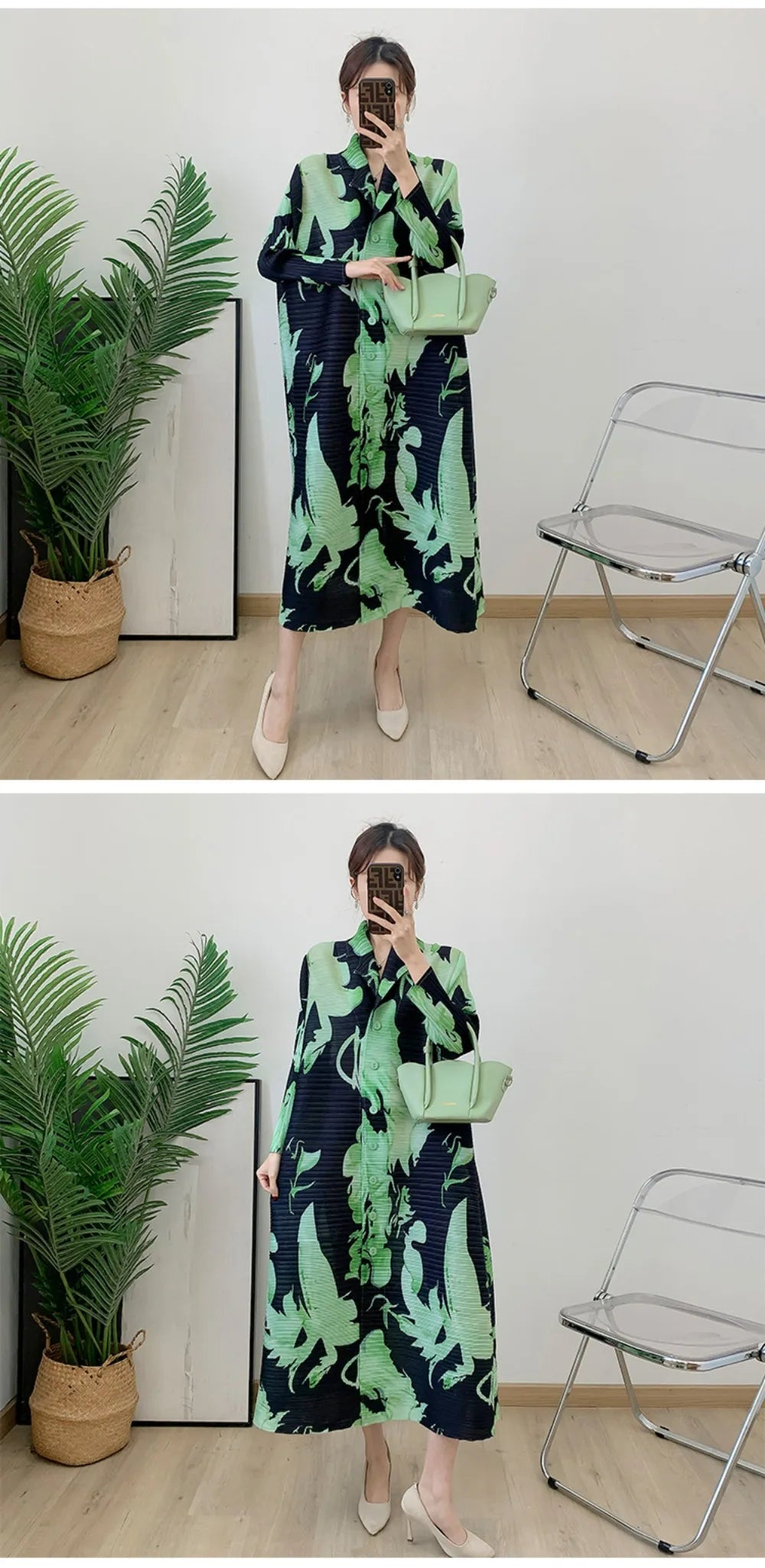 Robe imprimée à col en v pour maman, nouvelle mode d'âge moyen et âgée, manches sept-quarts, jupe plissée verte X, printemps 2025