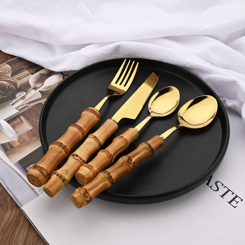Couverts en acier inoxydable avec manche en bambou naturel, 24 pièces, service de table, couteau à steak