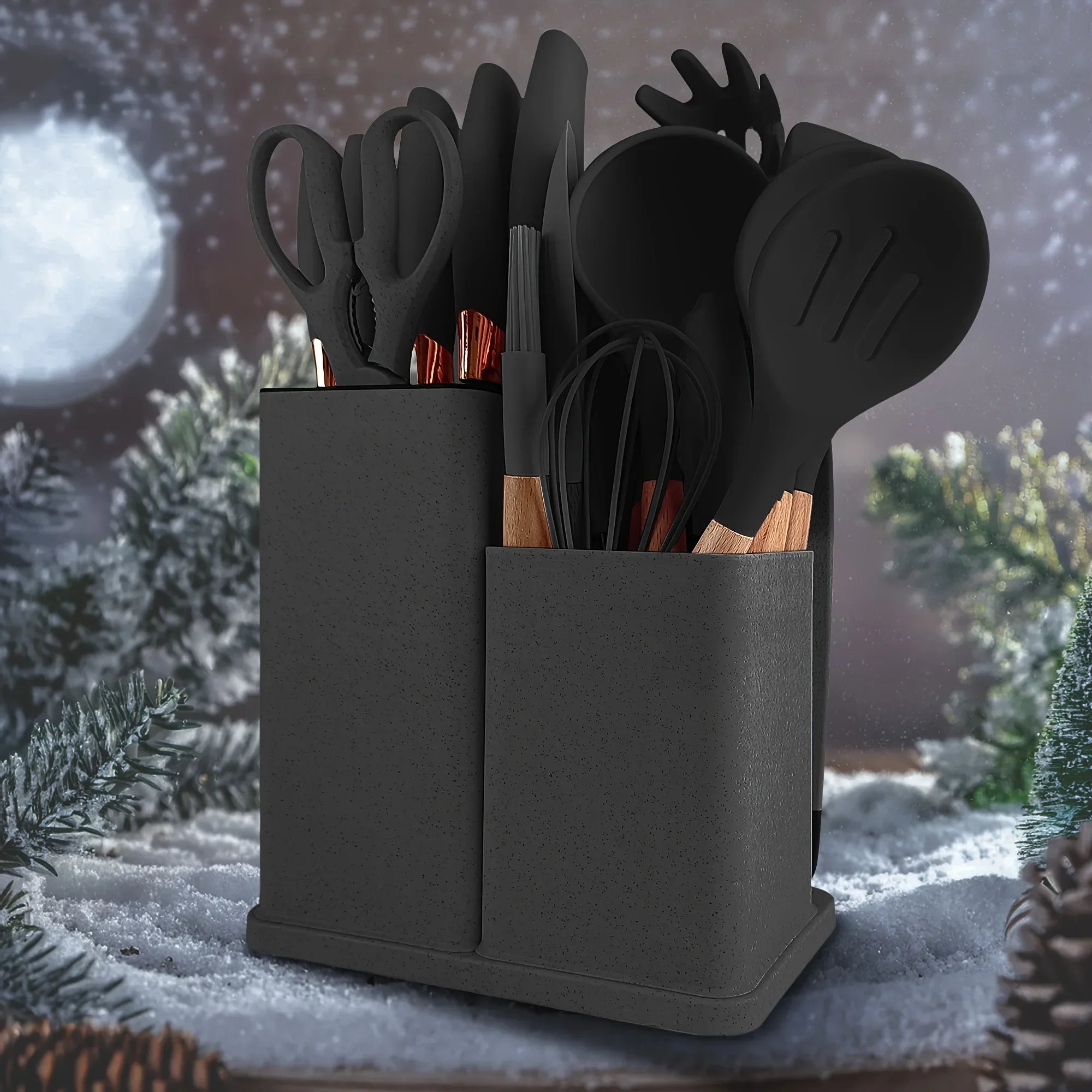 Ensemble d'ustensiles de cuisine antiadhésifs en Silicone, 19 pièces, avec couteaux, outils résistants à la chaleur dans un rangement en bambou, parfait pour la cuisine