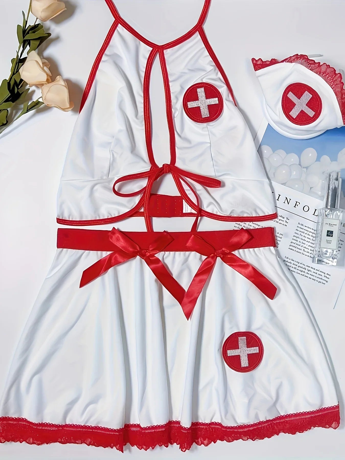 Costume uniforme d'infirmière coquine pour femme, haut caraco licou, jupe à nœud, tongs, vêtements de sauna, lingerie cosplay sexy, sous-vêtements