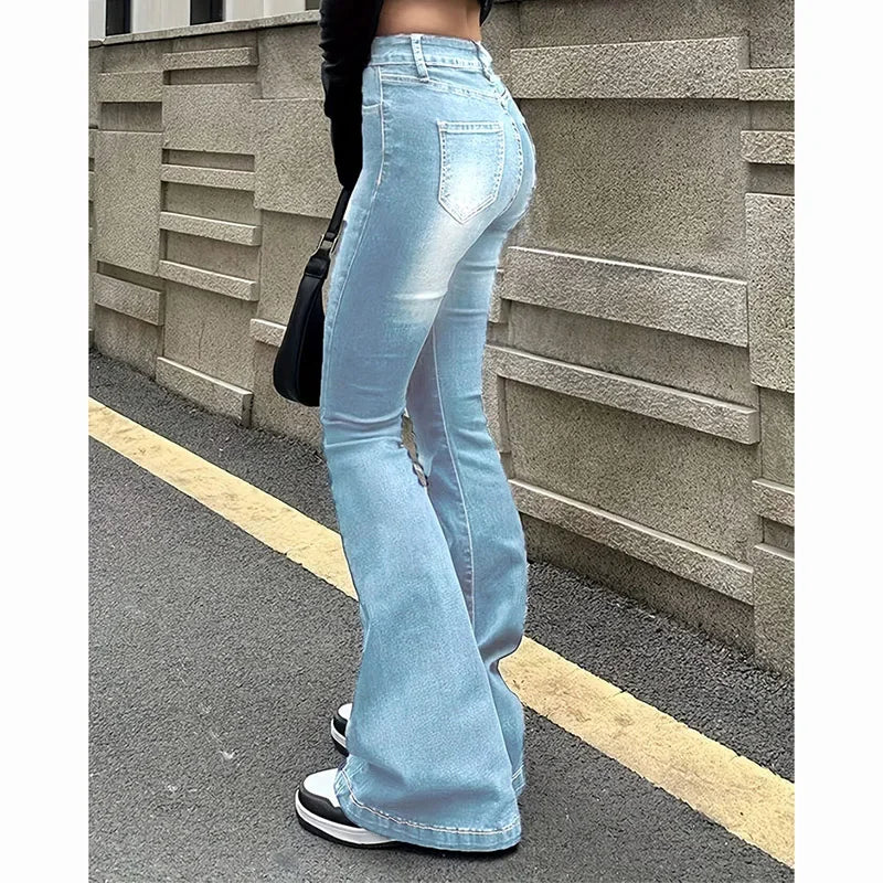 Girls' high-waisted flared jeans, stretch denim pants, bootcut fit, solid color, narrow bell leg, 2025