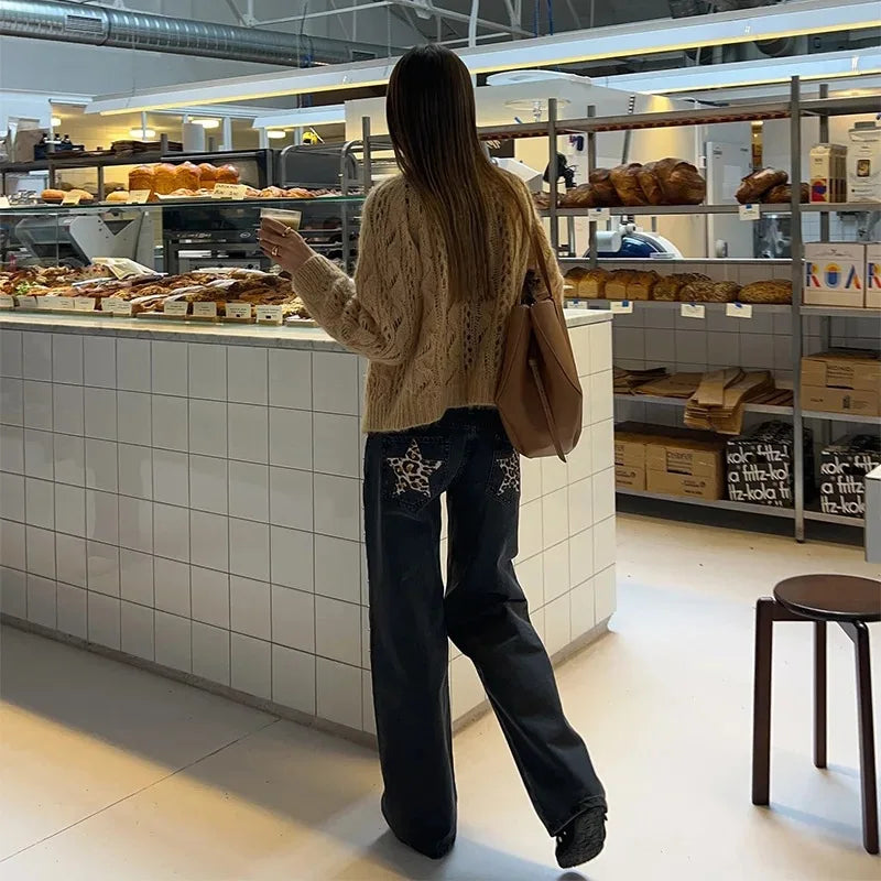 Y2K Vintage jean Flash argent étoile motif métal Rivet jean femme Baggy décontracté jambe droite Denim pantalon Simple femmes vêtements