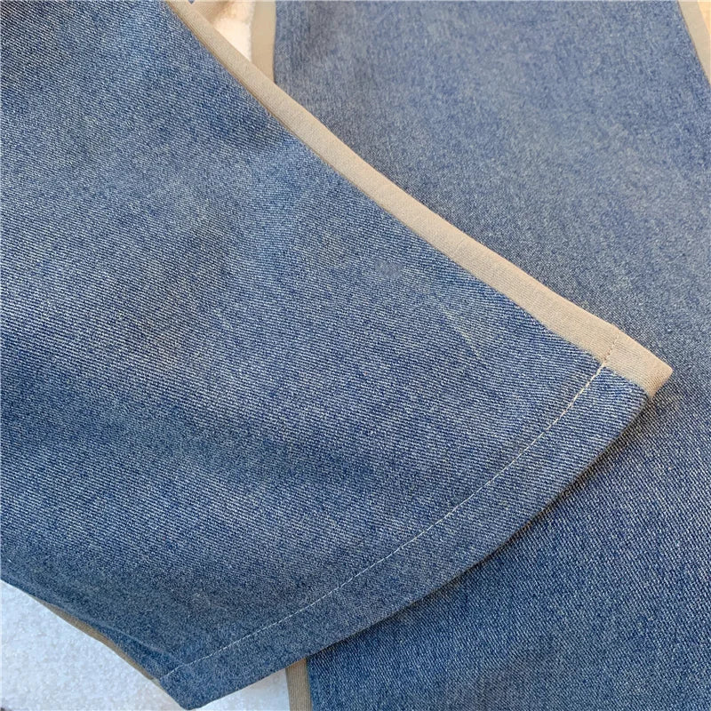 Ensemble pantalon en Denim, col montant, Patchwork, manteaux de rue, hauts à jambes larges, jean gothique droit, Vintage, ensemble deux pièces Simple
