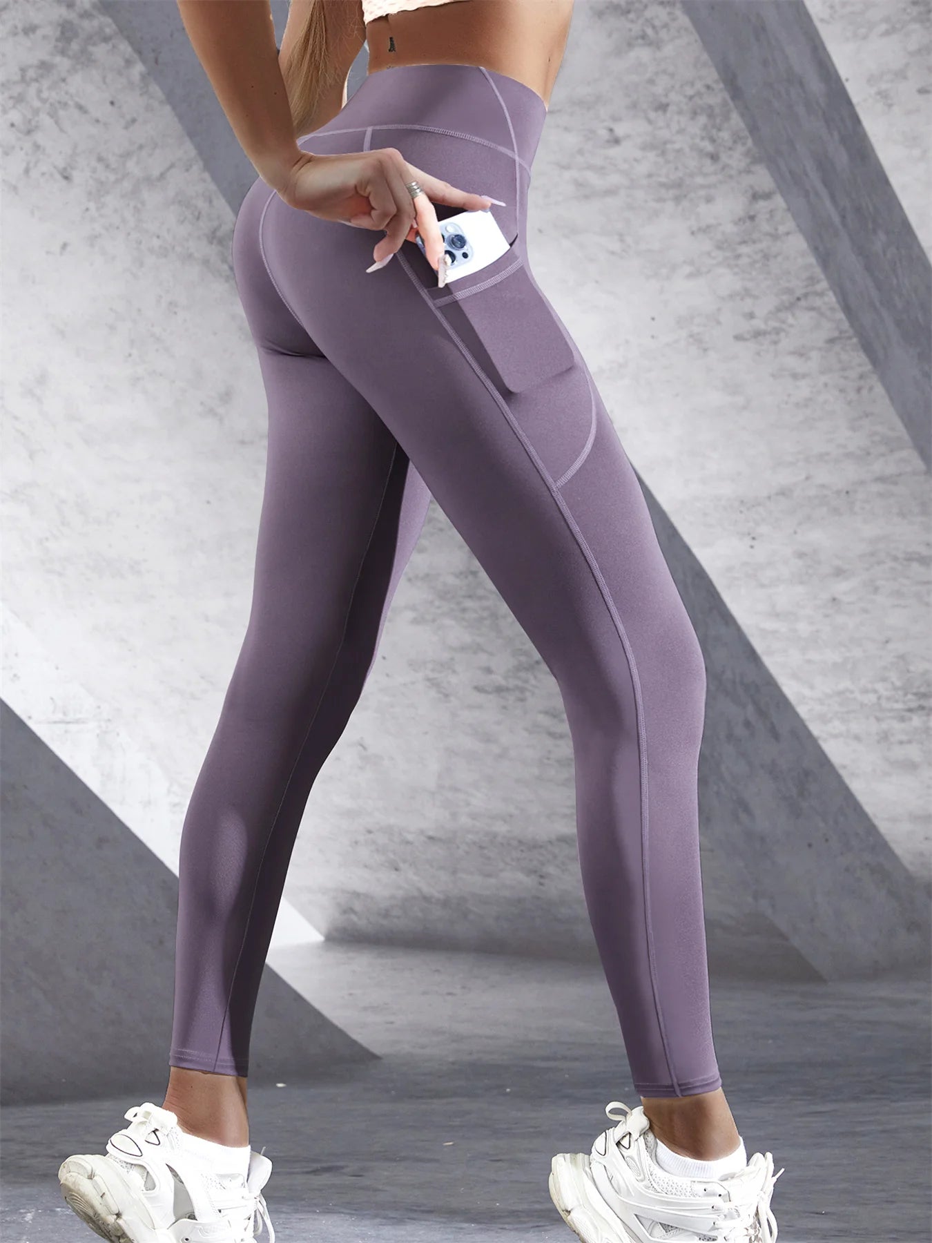 Leggings à poches latérales de couleur unie pour femmes, vêtements de sport taille haute, pantalons de Yoga, Push Up, Fitness