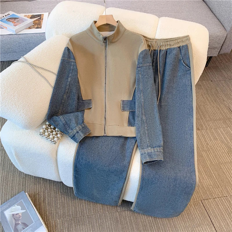 Ensemble pantalon en Denim, col montant, Patchwork, manteaux de rue, hauts à jambes larges, jean gothique droit, Vintage, ensemble deux pièces Simple