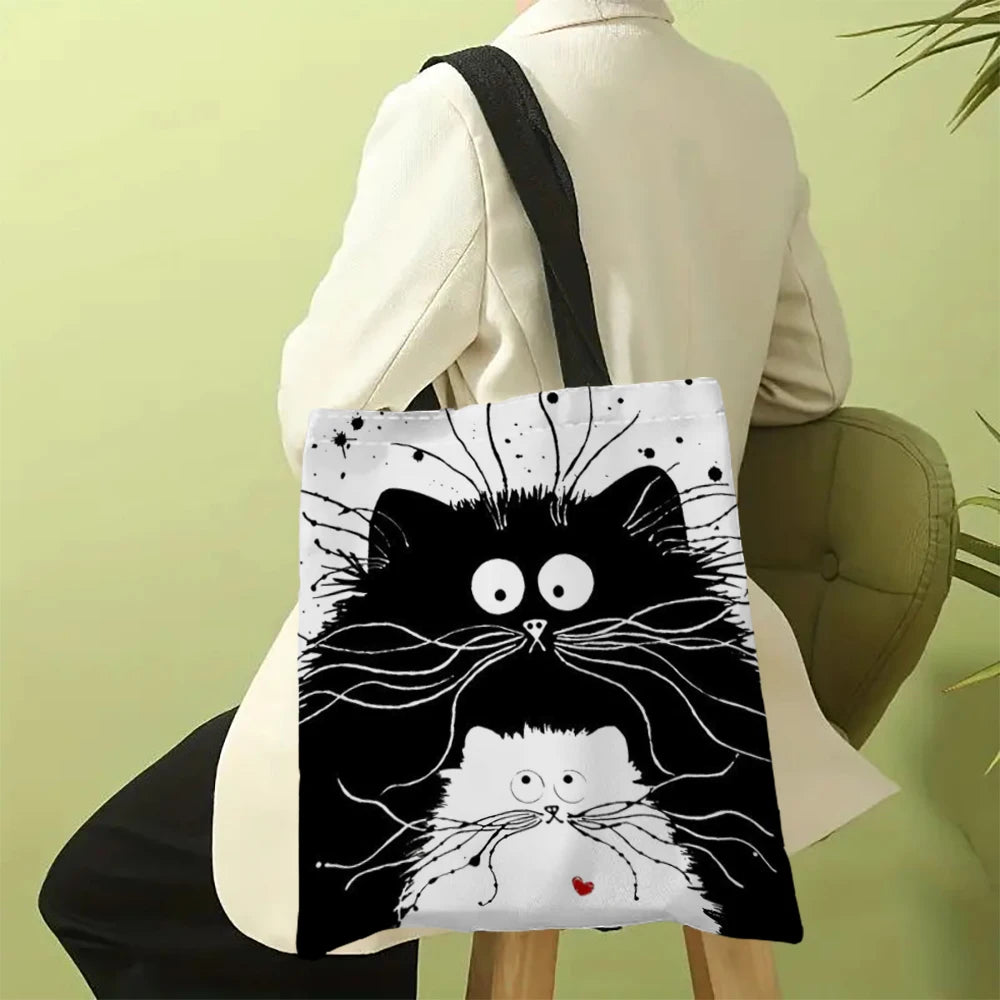 Fourre-tout réutilisable en lin imprimé chats mignons, sac de rangement d'épicerie, sac à bandoulière Portable de grande capacité, fourre-tout lavable en Machine