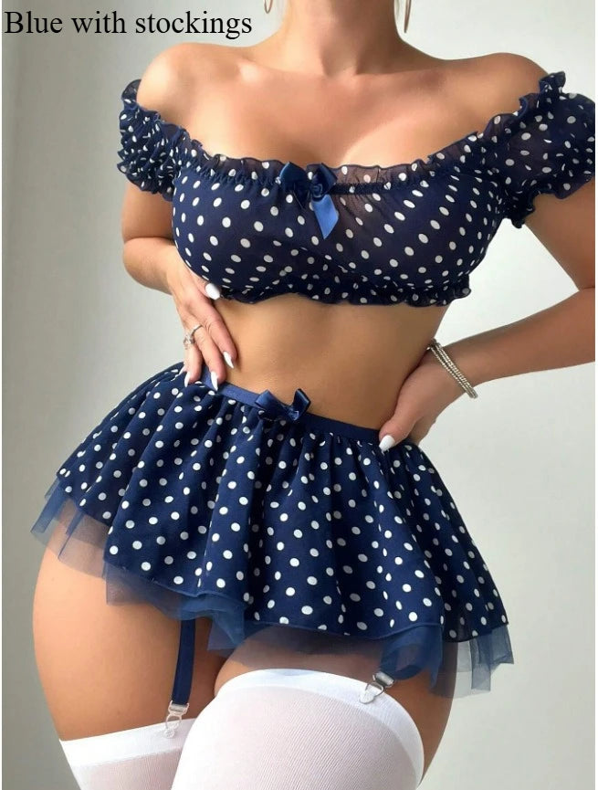 Ensemble jupe bouffante révélatrice d'épaule à pois pour femmes, haut en dentelle Sexy, tongs, sous-vêtements, costumes en maille, Perspective, ensembles exotiques
