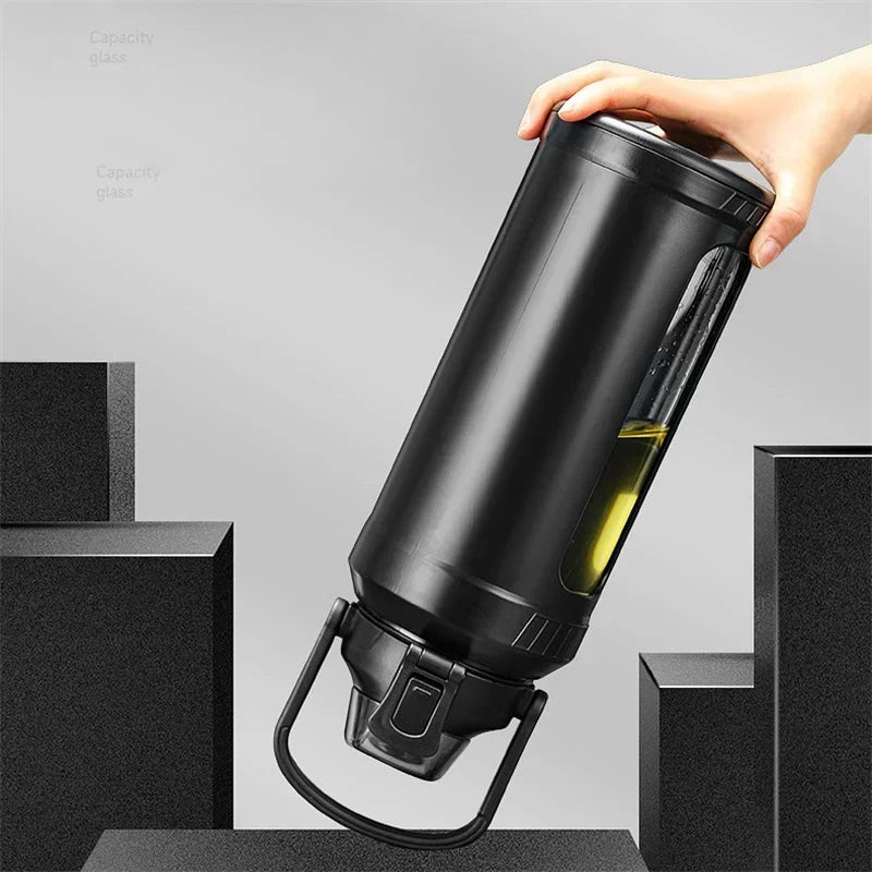 Large capacity 2L glass water bottle with removable straw, high borosilicate glass water bottle with carrying handle for gym