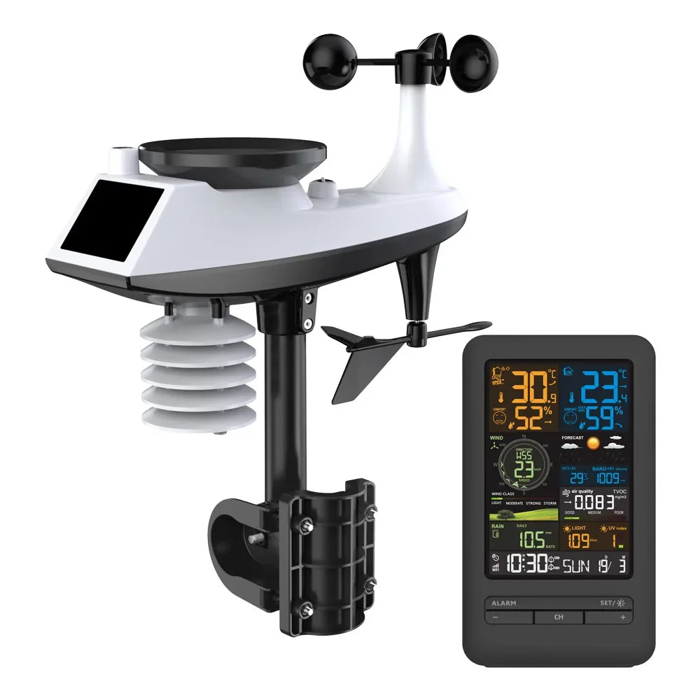 Tuya WiFi Station météo intelligente horloge compteur de température et d'humidité compteur de vitesse et de direction du vent écran couleur horloge numérique