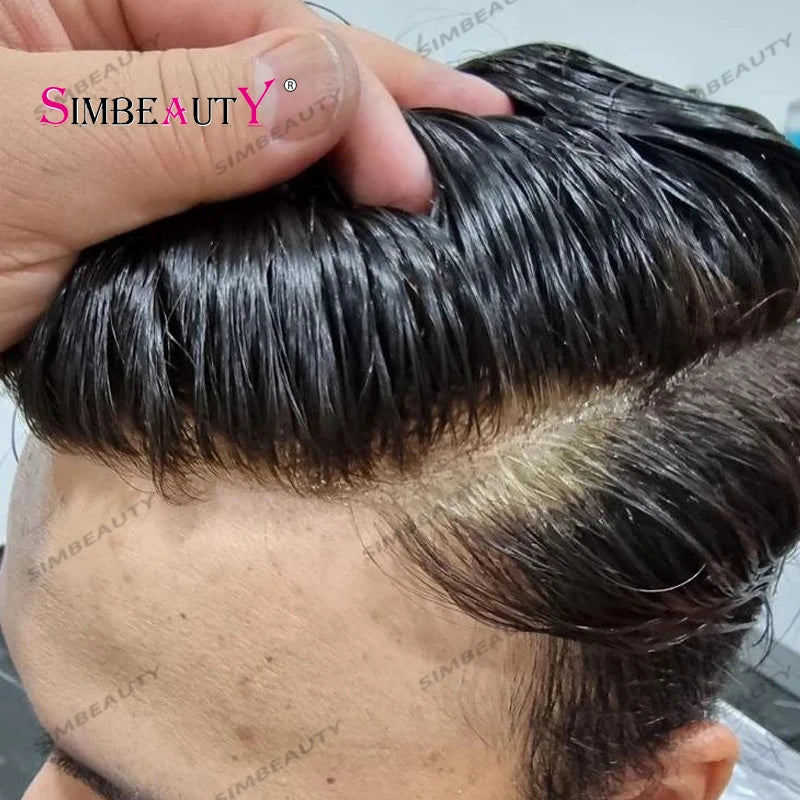 100% cheveux humains hommes toupet naissance des cheveux naturelle pleine peau Pu Base Durable mince 0.1mm hommes perruques unité de remplacement prothèse capillaire