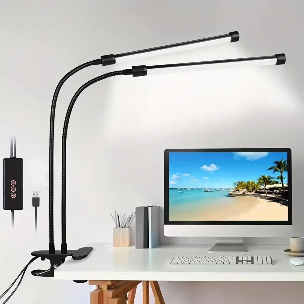 LED desk lamp with clip, dimmable reading lamp, 3 color temperatures, 10 brightness levels, USB clip-on table lamp