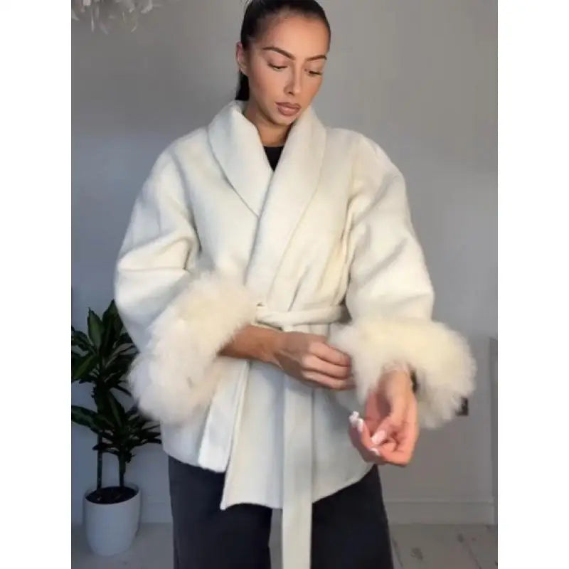 Manteau Long à lacets pour femme, manteau de bureau élégant en laine, fourrure, Patchwork, manches longues, vestes Cardigan amples, nouvelle collection 2025
