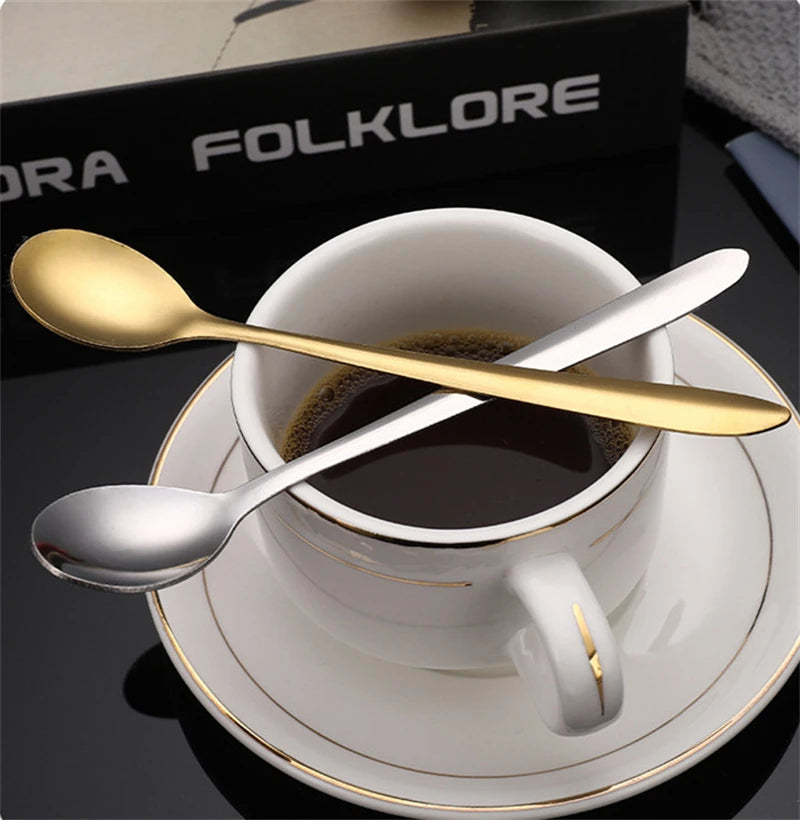 Round, gold-plated stainless steel teaspoons with long handles, for cupcakes, fruit, coffee, honey, desserts, Assad spoon, Britware