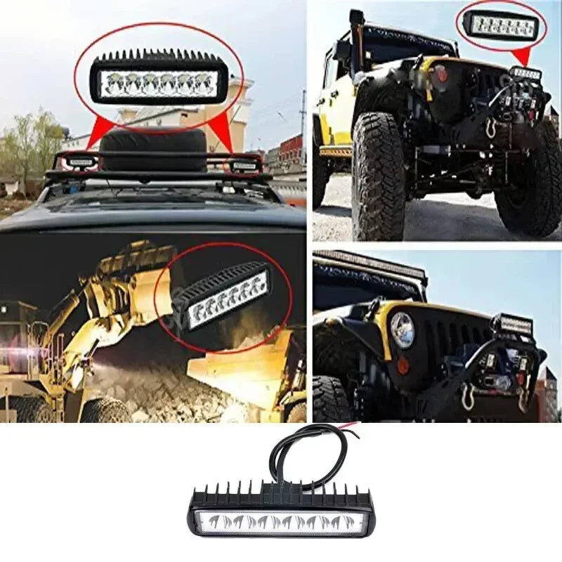Phares à feux de route DRL étanches 12V: 6 feux de travail de voiture LED 18W pour suv, camions, remorques, conduite tout-terrain et antibrouillard, ampoules de phares