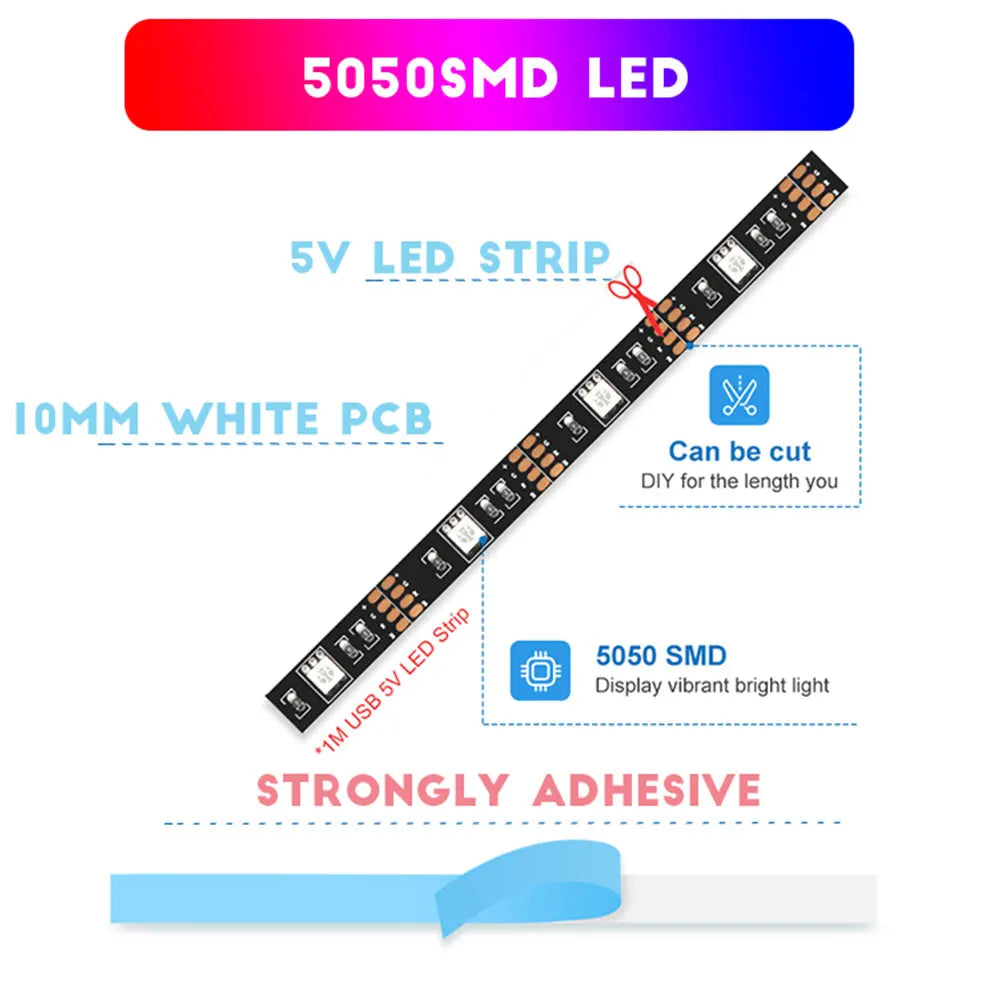 5V USB LED Strip Light, TV Backlight Strip with Remote Control, DIY Color Lighting, 49/49/55/58 inch, Decoration