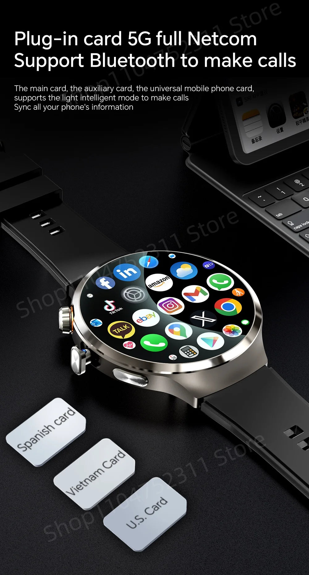 Smartwatch avec grand écran Amoled 1,98 pouces 210 °   Caméra rotative GPS Position surveillance de la santé Android 13.0 montre intelligente hommes