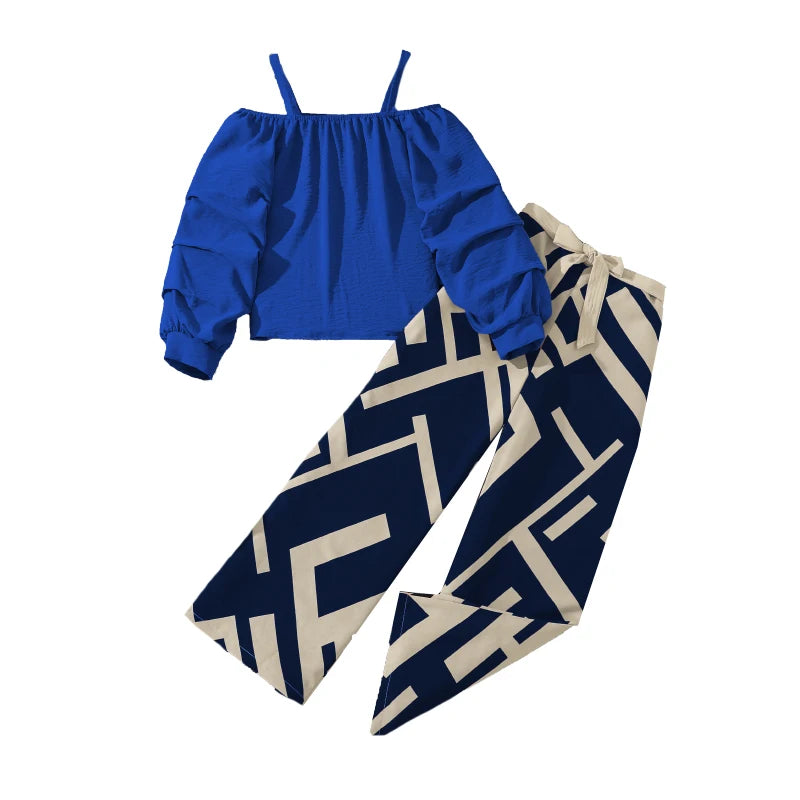 Ensembles de vêtements pour enfants pour filles, kaki, épaules dénudées, haut à manches longues et pantalon imprimé à rayures, costumes pour enfants de Style station d'été OOTD