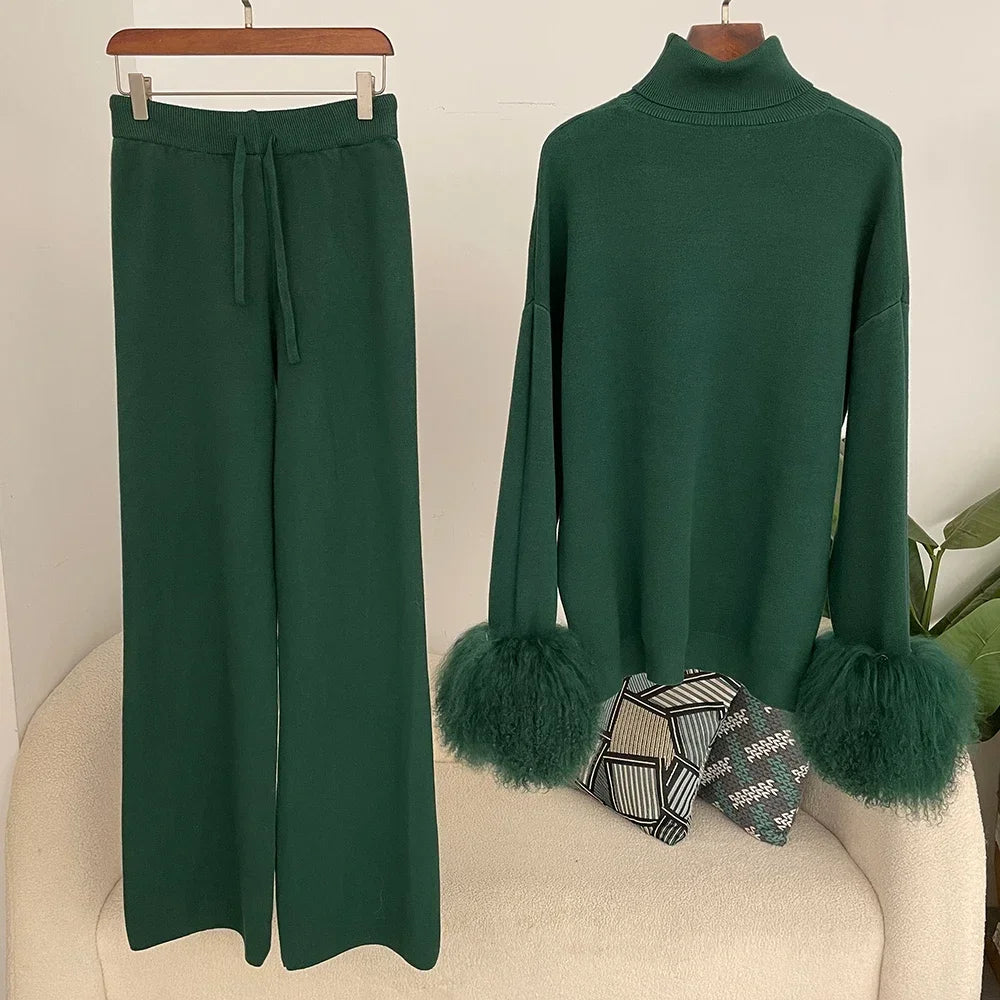 Ensemble pull et pantalon tricotés en laine et mélange pour femme, avec poignets en vraie fourrure de mouton mongole, costume tricoté de haute qualité 2025