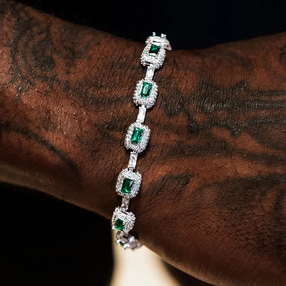 ESEllEM-Bracelet en Émeraude Glacée pour Femme, Bijoux à la Mode, Diamants, Coupe Coussin, Or Blanc, Incrusté Vert, Baguette Zcomprend