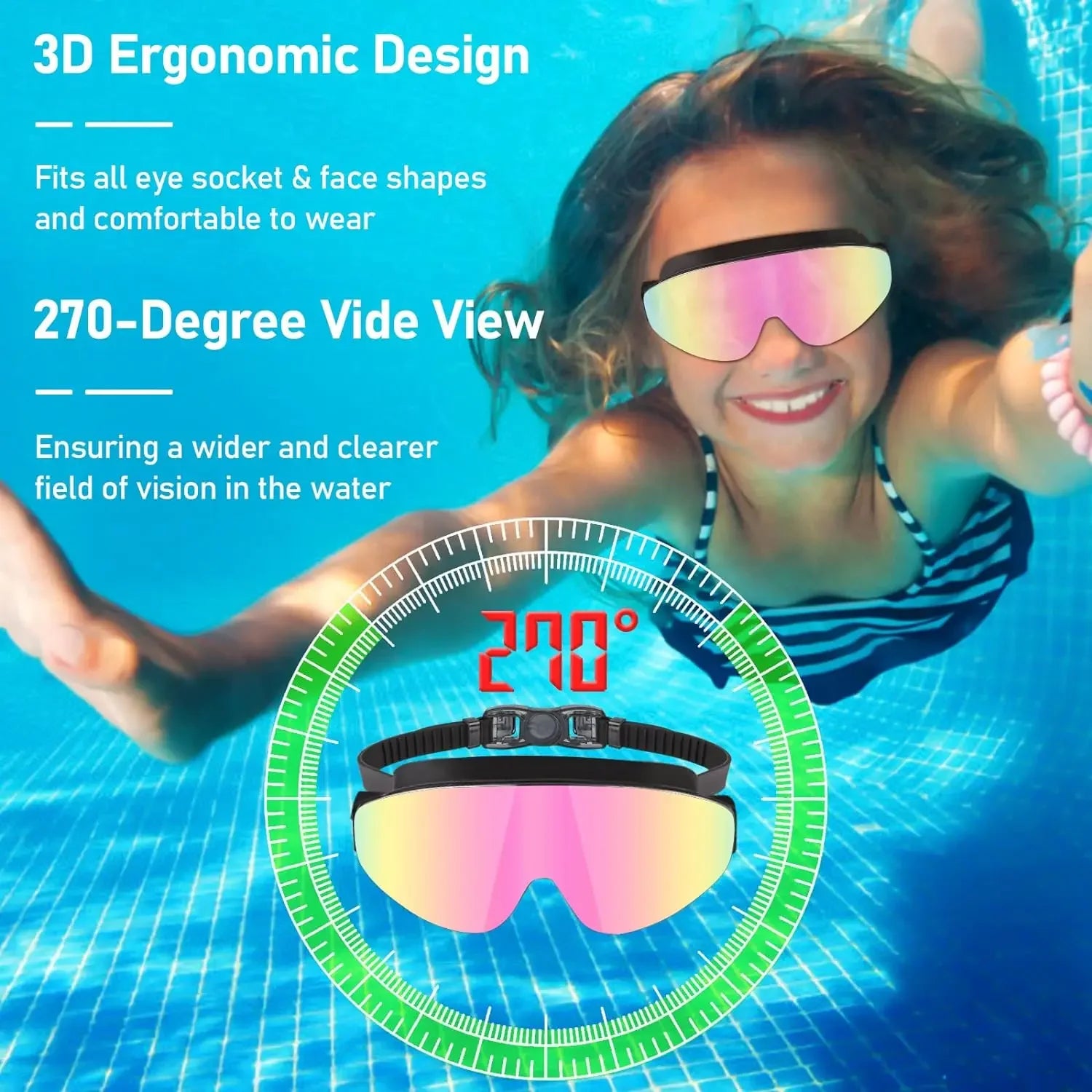 Lunettes de natation polarisées pour enfants de 4 à 16 ans, avec spray de brouillard, bouchon d'oreille à clip antarctique, vue large, anti-buée et anti-fuite