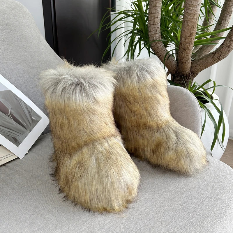 Nouveau Hiver fourrure une pièce fourrure de raton laveur femme bottes de neige chaussures de fourrure en plein air mi jambe bottes