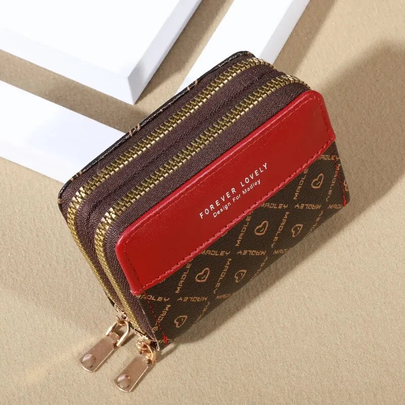 Mini portefeuille en similicuir avec double fermeture éclair, pochette classique compacte, fentes pour cartes multiples, poche coordonnante, protection RFID, chic