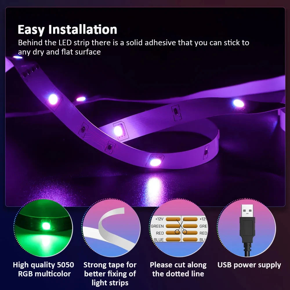 5V USB RGB 5050 LED strip light, Bluetooth app control, suitable for decorating bedrooms and children's rooms
