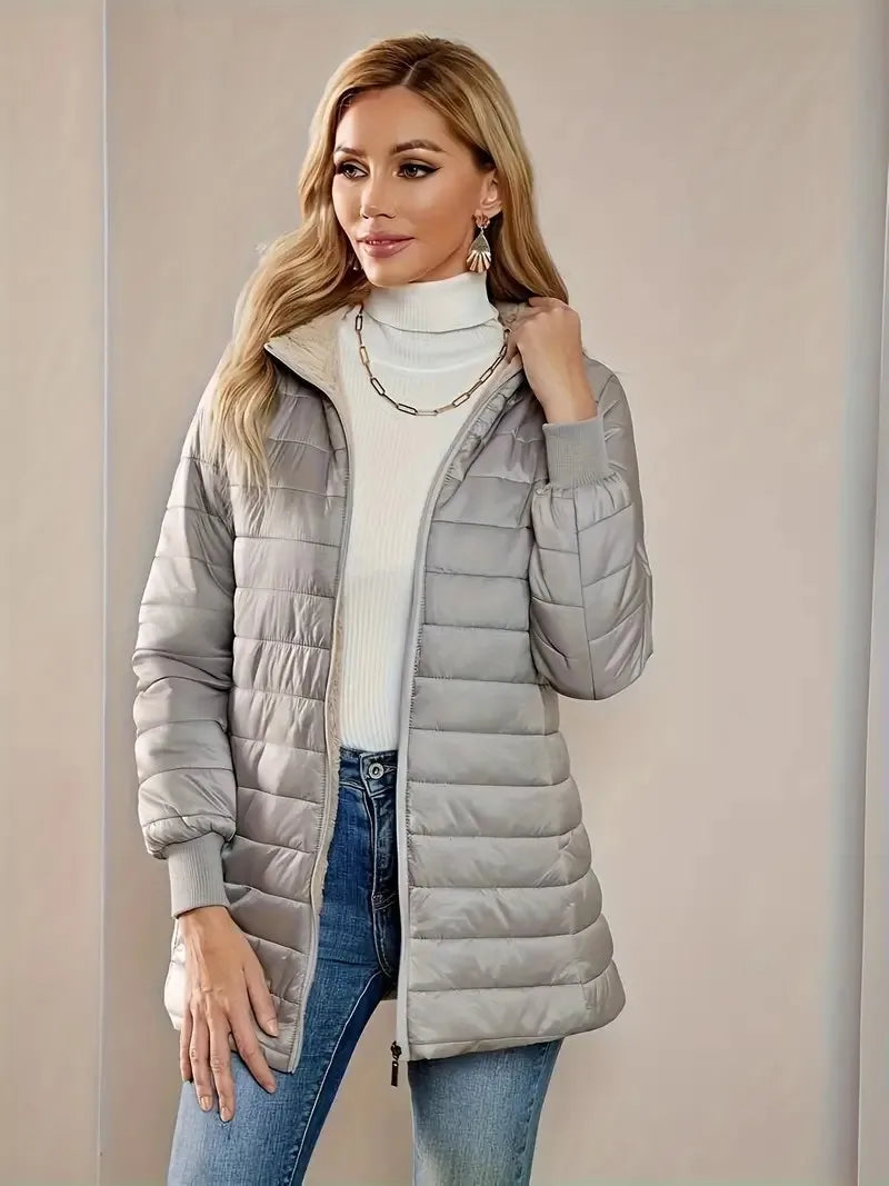 Women's fleece-lined cotton jacket, warm top, loose fit, lightweight, hooded, cotton coat, street style, trendy, autumn/winter