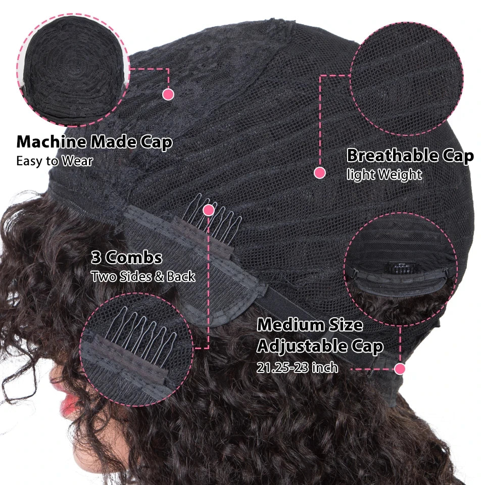 Perruques de cheveux humains Pixie Cut Bob avec frange pour femme, perruque pleine machine bouclée, surbrillance, couleur blond miel, court, caution