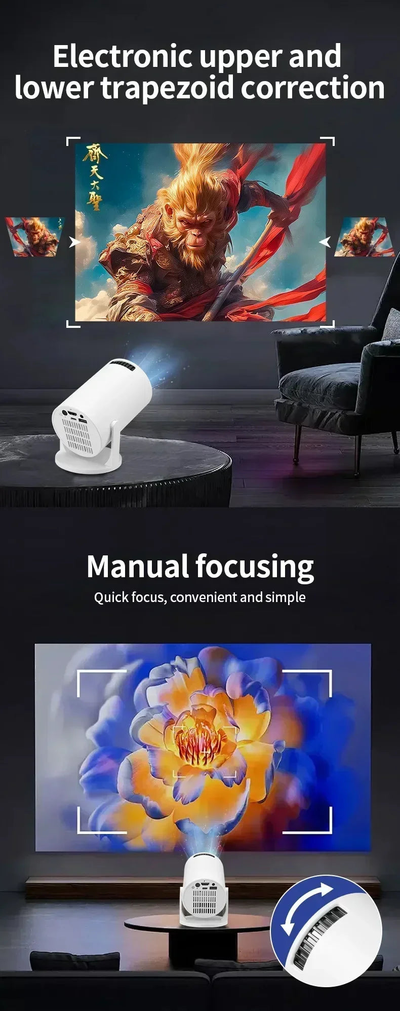 Projecteur de film extérieur 1080P LED, 270 °   Angle réglable, prise en charge USB/TV Box/téléphone/PC pour le camping
