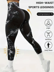 Women's seamless gym leggings, yoga pants, tie-dye, exercise tights, tummy control, high waist, workout pants