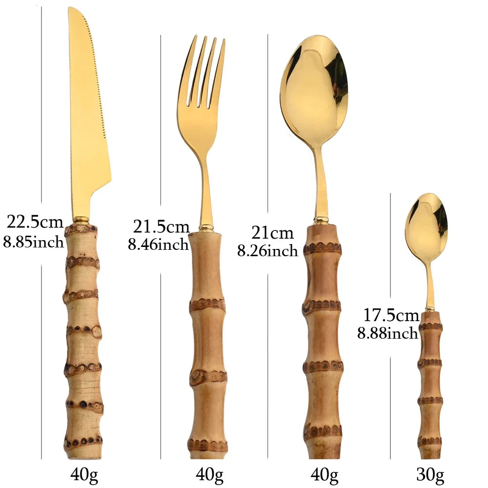 24 pièces ensembles de vaisselle en bambou ensemble de couverts en bambou en acier inoxydable poignée purement naturelle ensemble de couverts vaisselle couteau à Steak couverts