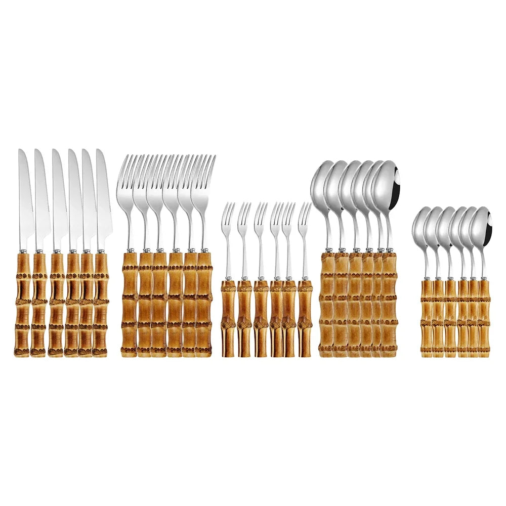 Ensemble de Vaisselle en Bambou et Acier Inoxydable avec Poignée Naturelle, Couverts Rétro, Steak, Opaque, Fourchette, Cuillère, Cadeau de Dessert, 20/30 Pièces