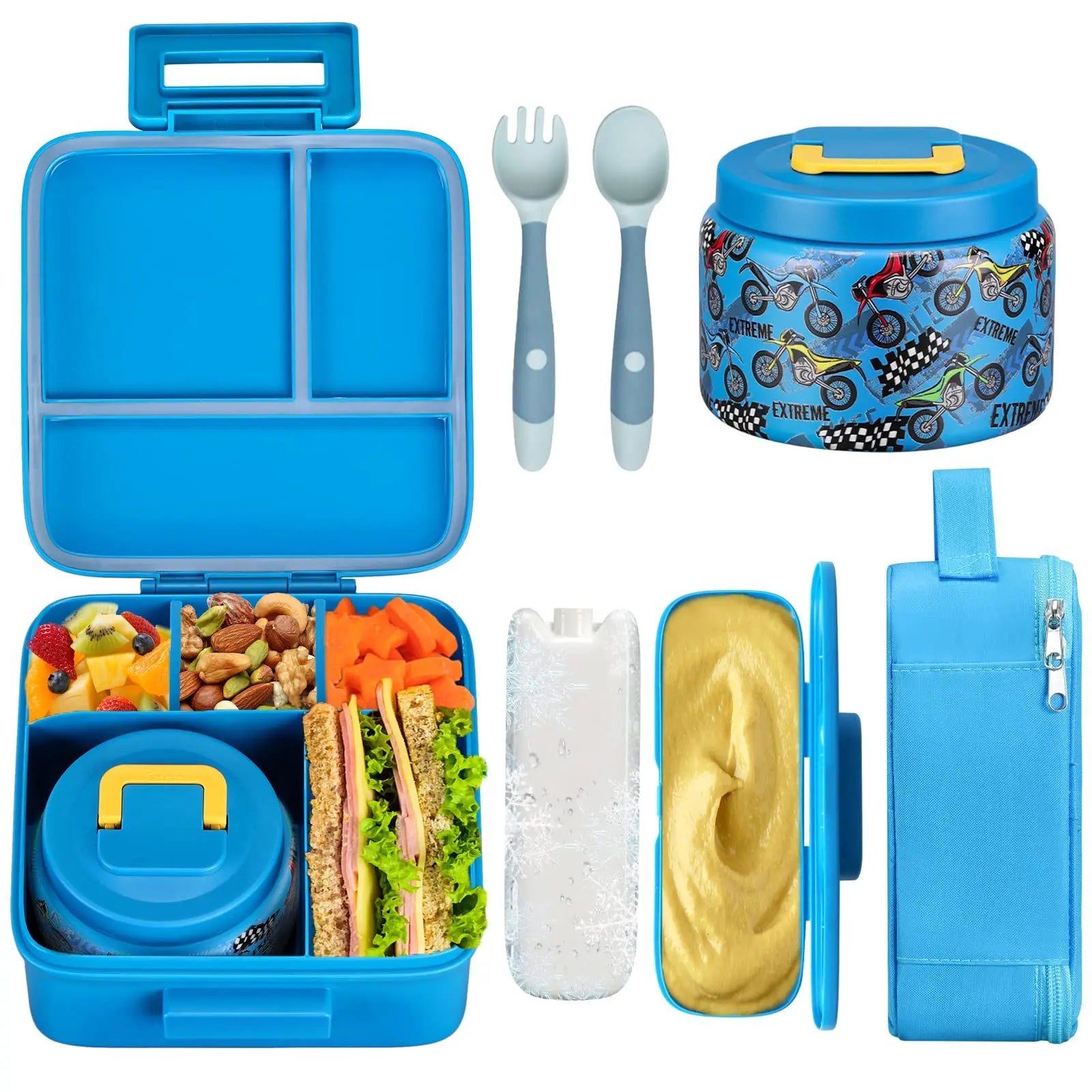 Boîte à déjeuner Bento pour enfants avec pot alimentaire isolé sous vide de 8oz, sac à déjeuner, sac de glace et fourchette et cuillère pliables, anti-fuite