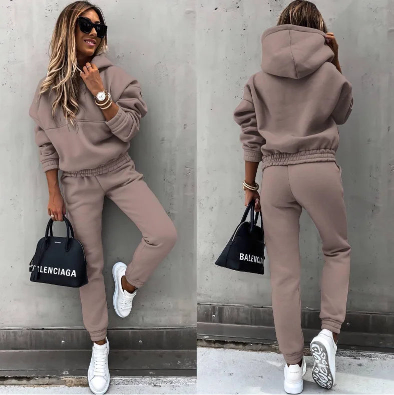 Survêtement d'hiver pour femmes, ensemble deux pièces, sweat à capuche surdimensionné, pantalon de survêtement, couleur unie, vêtements de sport | Ensemble pantalon sweat-shirt décontracté