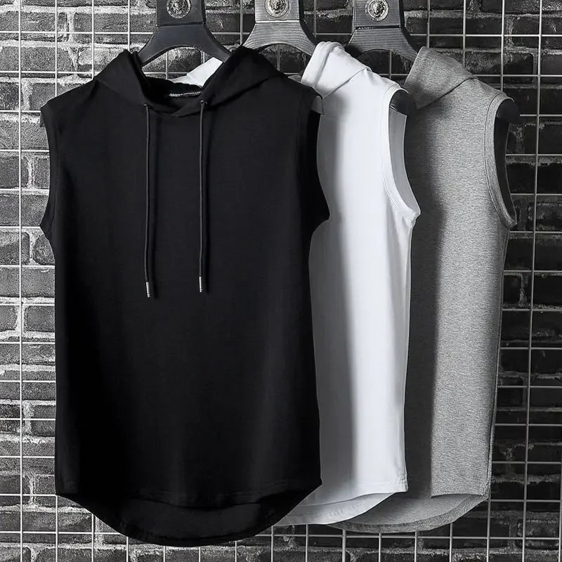 Hommes cravate col à capuche sans manches gilets mâle été ample solide Hip Hop t-shirt hauts