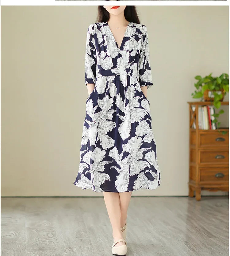 Robe mi-longue amincissante pour femmes, grande taille, imprimé Vintage, ceinture, taille ample, nouveau Style, longueur aux genoux, col en v, Fiber de Polyester, été