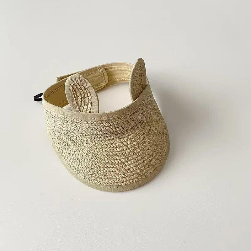 Chapeau de soleil d'été pour enfants en bas âge, casquette à visière en paille réglable et respirante pour garçons et filles, casquette de plage en plein air avec oreilles mignonnes