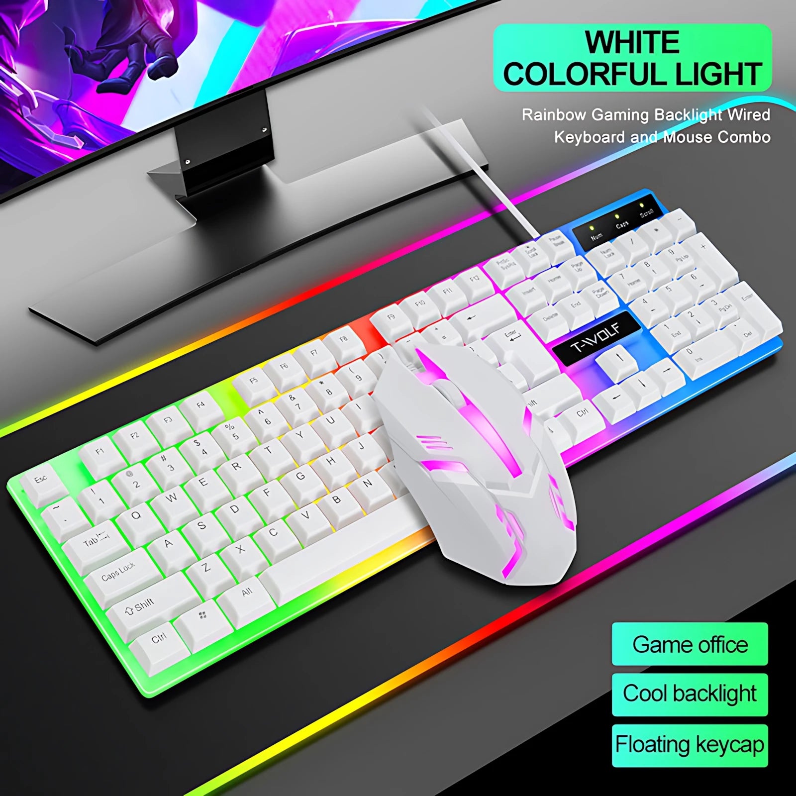 Clavier et souris filaires rétroéclairés arc-en-ciel, capuchons de touches flottants, clavier solide, résistant à l'usure et au toucher confortable pour le bureau d'affaires
