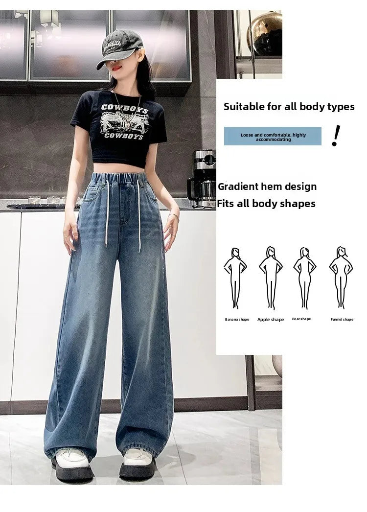 Jean ample à jambes larges, taille haute, bleu clair, grande taille, taille élastique, pantalon Dstring, pantalon Long amincissant