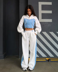 Ensemble 2 pièces en denim patchwork pour femmes, tenue décontractée, sweats à capuche minces, haut court, pantalon de survêtement à jambes larges, streetwear imbibé, survêtements à la mode
