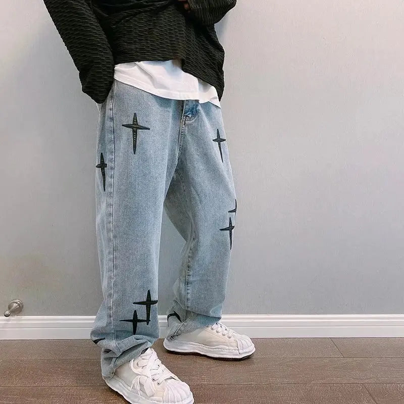 Men's printed jeans, streetwear, baggy, wide leg, Korean fashion, draped, straight, casual, loose fit, cargo pants, new 2023 collection