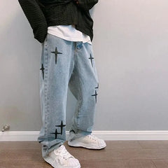 Men's printed jeans, streetwear, baggy, wide leg, Korean fashion, draped, straight, casual, loose fit, cargo pants, new 2023 collection