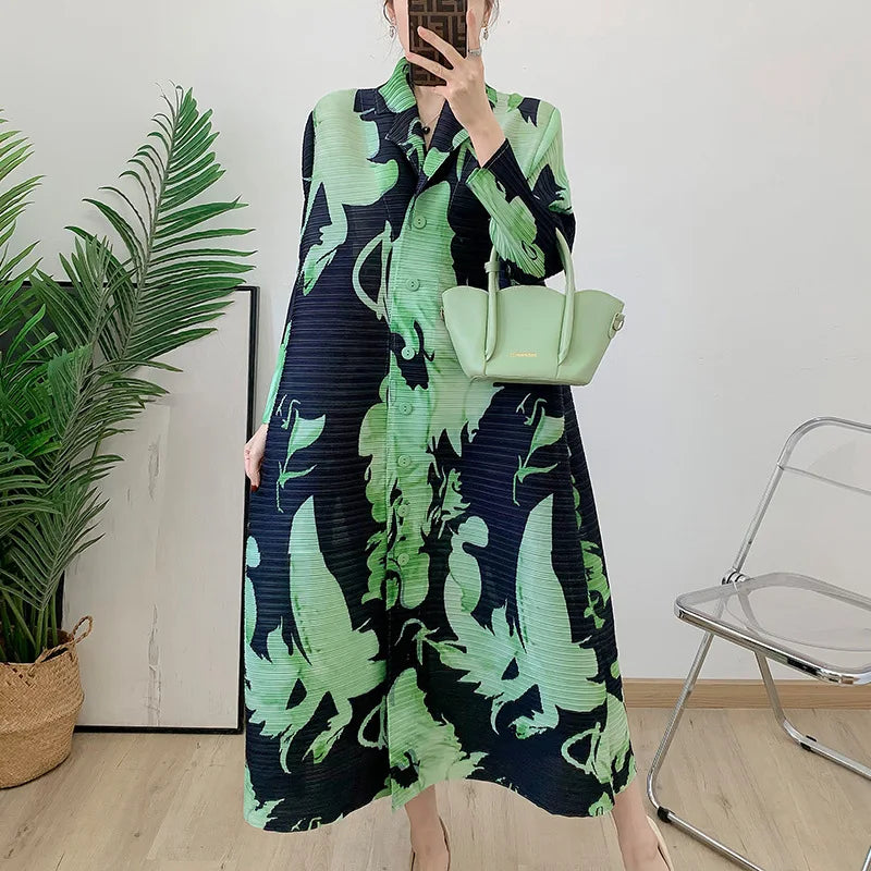 Robe imprimée à col en v pour maman, nouvelle mode d'âge moyen et âgée, manches sept-quarts, jupe plissée verte X, printemps 2025