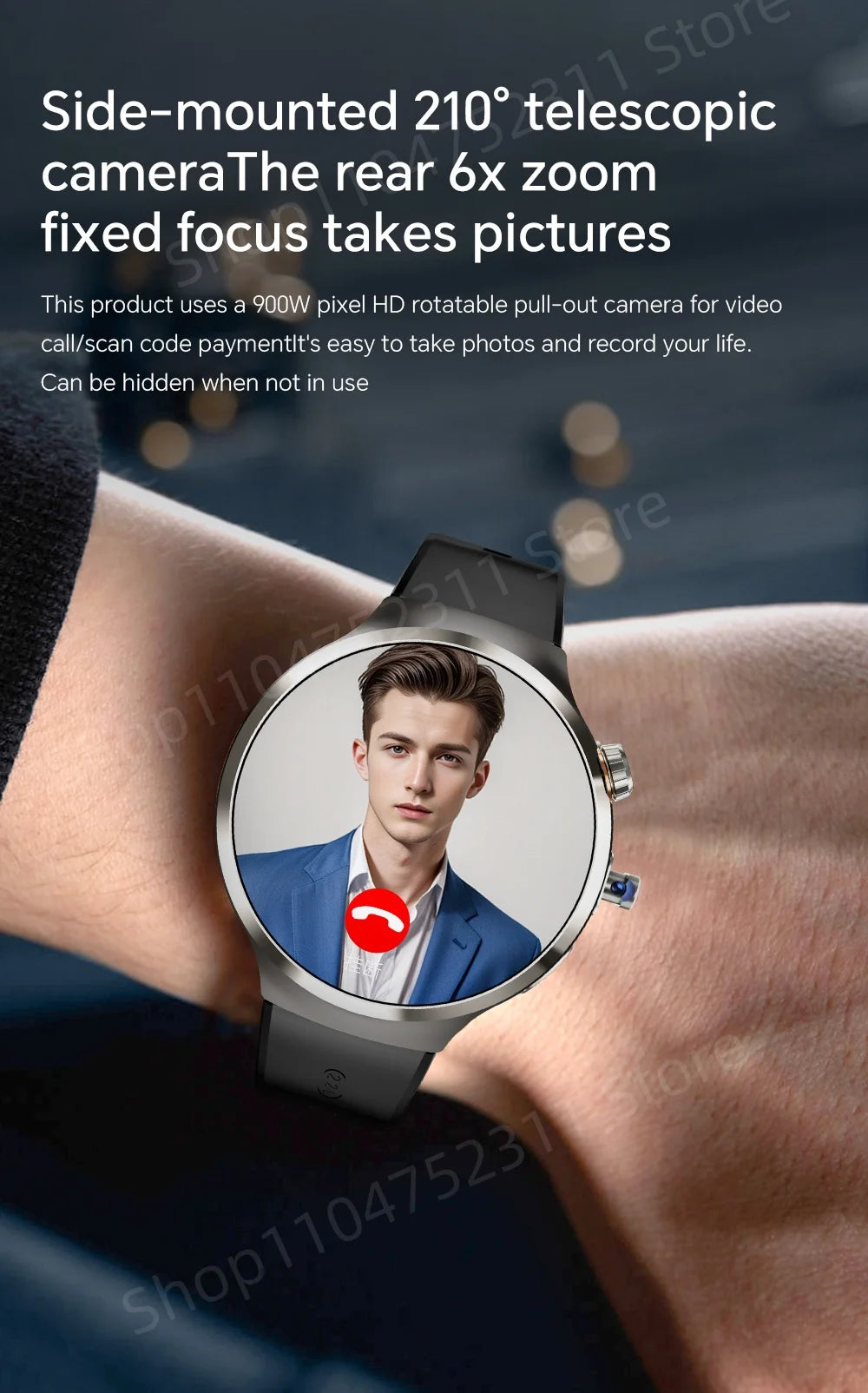 Smartwatch avec grand écran Amoled 1,98 pouces 210 °   Caméra rotative GPS Position surveillance de la santé Android 13.0 montre intelligente hommes