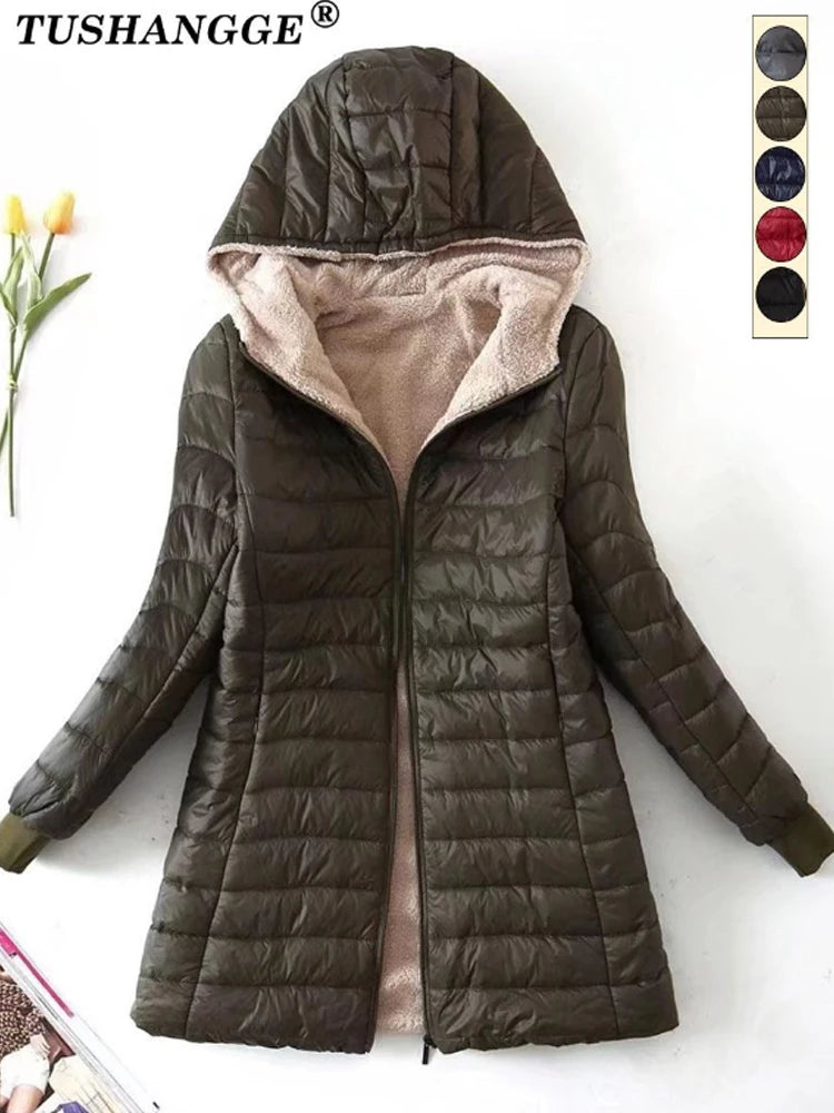 Nouvelle édition coréenne mi-longue à capuche femmes vestes automne hiver mi-longue bureau coton manteaux chaud agneau polaire Parkas