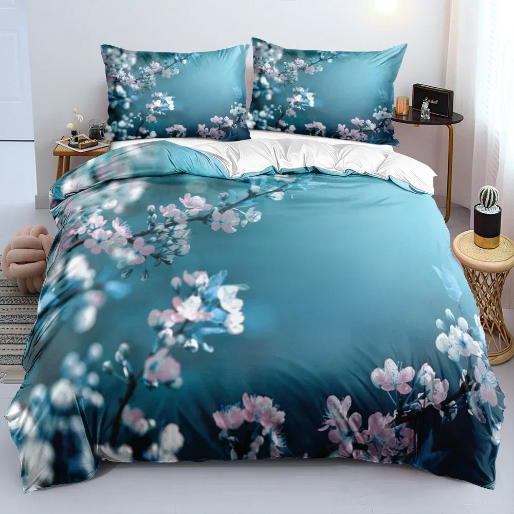 Royal Blue Gold Flower Classic Duvet Cover Sets, Queen, Full, Double Duvet Covers Pillowcases Bedding Set 260x220cm
