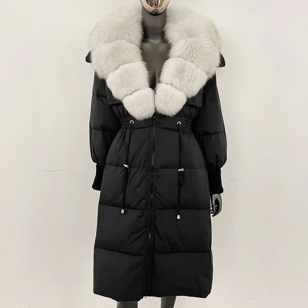 Doudoune longue avec col en fourrure pour femme, pardessus en fourrure de renard, longueur aux genoux, à la mode, chaude, cintrée à la taille, vêtements d'extérieur amincissants