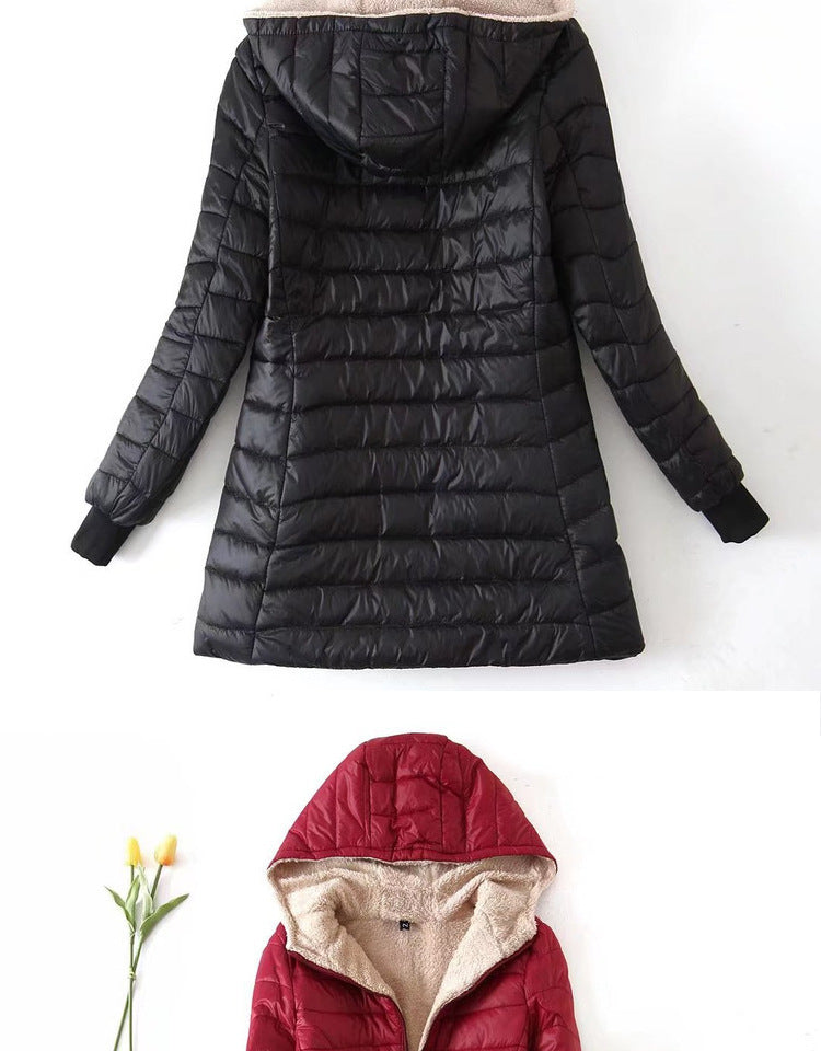 Women's Korean-style mid-length hooded cotton coat, warm lambswool coat and velvet jacket, new autumn and winter 2023 collection
