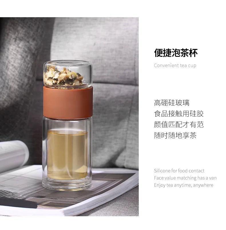 Bouteille d'eau en verre double de haute qualité avec étui, bouteille de clics de thé, infuseur, gobelet, verres, bouteille d'eau écologique